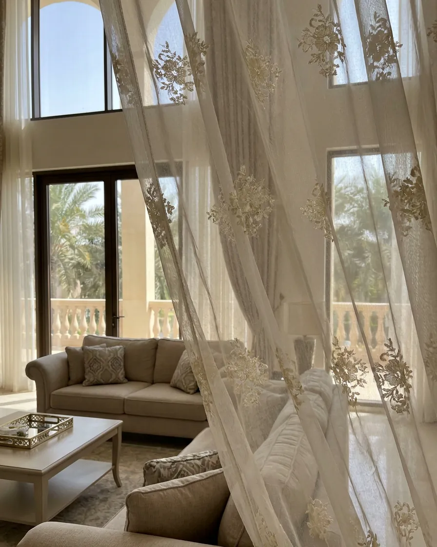 Embroidered Sheer Curtains fabric detail close-up, Curtain Designs Dubai