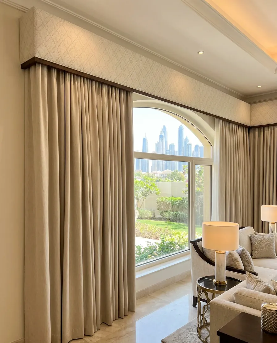 Pelmet Curtains fabric detail close-up, Curtain Designs Dubai